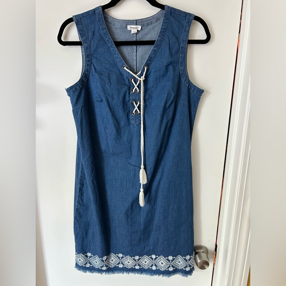 Westport- Blue Denim Lace-Up Embroidered Sleeveless Dress - Picture 1 of 7